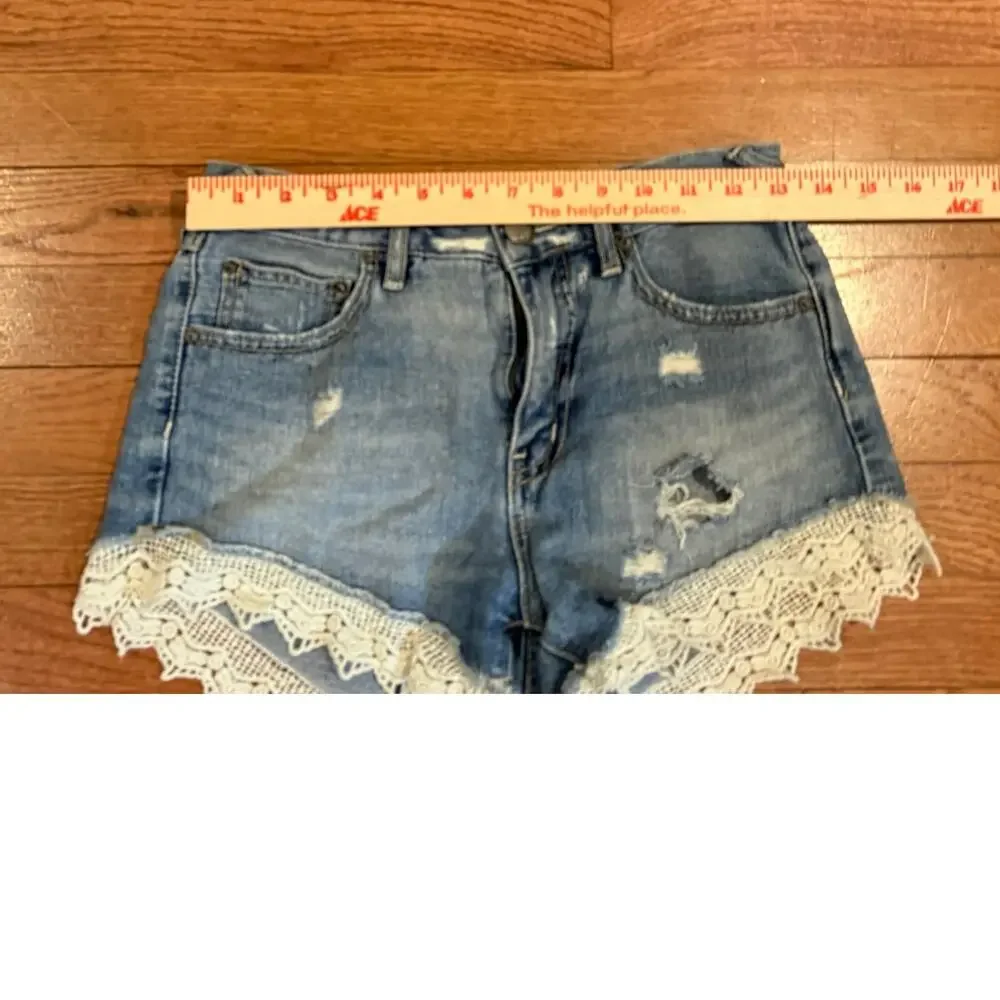 Free People Lace Trim Distressed Denim Shorts Womens 24 Boho Festival